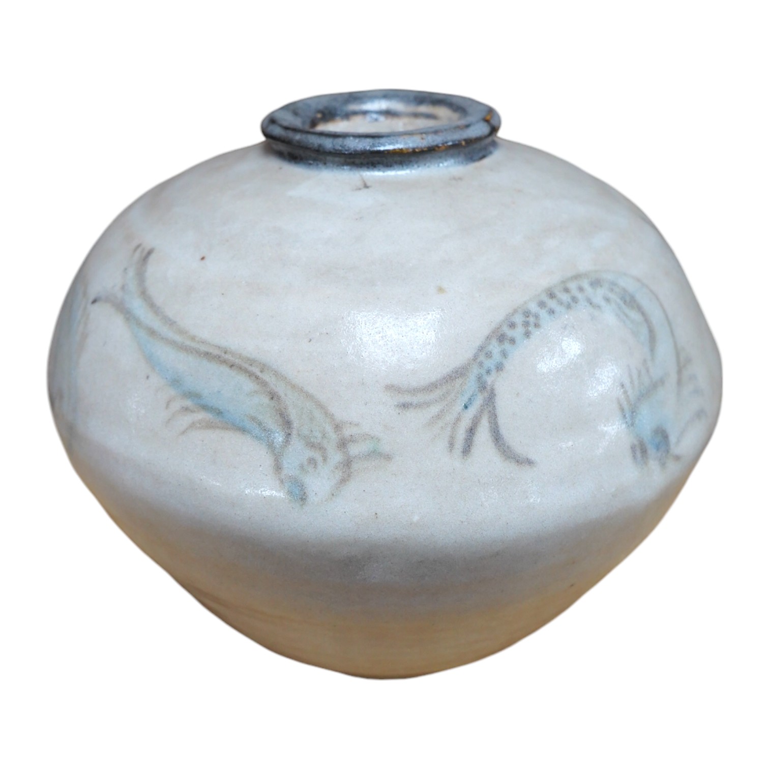 M. Scott Pitcher, a studio pottery vase, painted with fish, the underside signed with monogram, 17.5cm. Condition - good